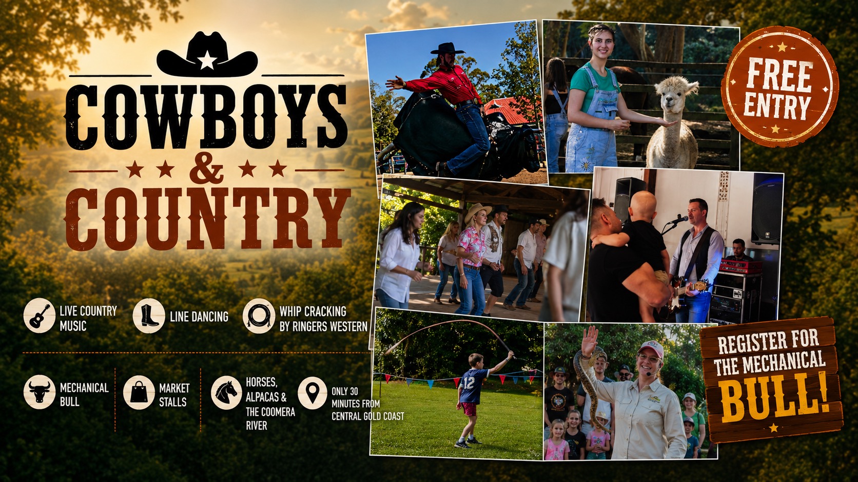Crowds on the lawns at Historic Rivermill during Cowboys & Country, with riders and market stalls under the trees