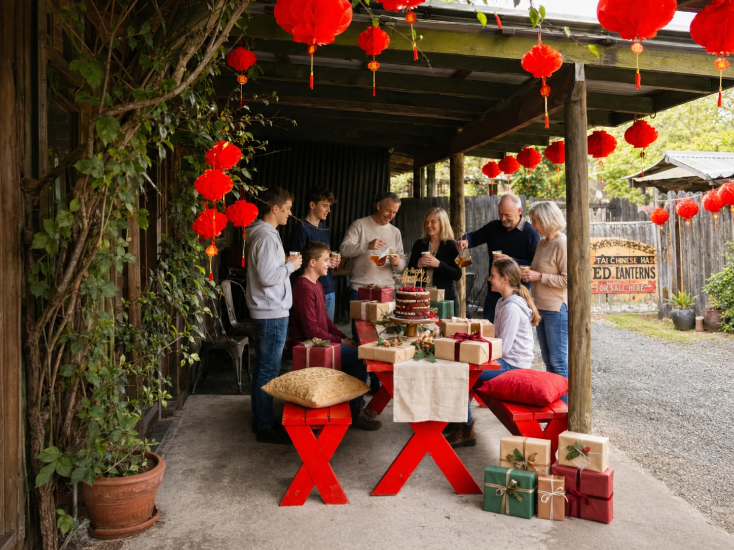 Friends gathered around a cake and gifts under red lanterns at a birthday celebration at Historic Rivermill