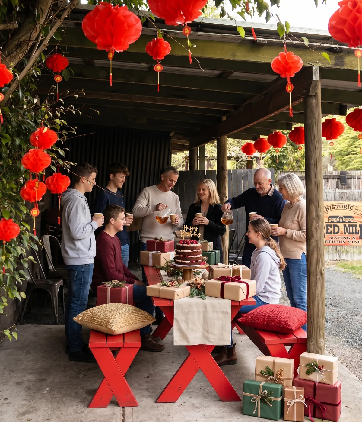 A family gathered around a birthday cake with gifts on the covered deck at Historic Rivermill