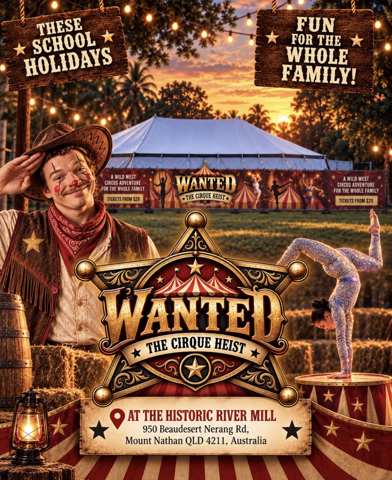 Poster for WANTED, The Cirque Heist: a Wild West circus adventure under the big top at Historic Rivermill these school holidays, fun for the whole family