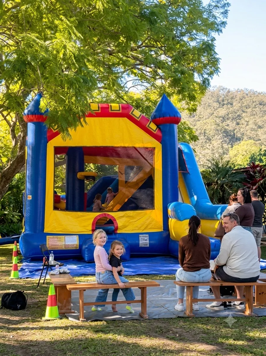Kids playing on the jumping castle under the trees at Historic Rivermill
