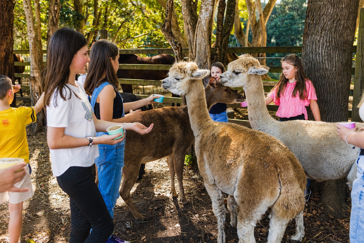 A school group feeding the alpacas from cups among the trees at Historic Rivermill, Gold Coast