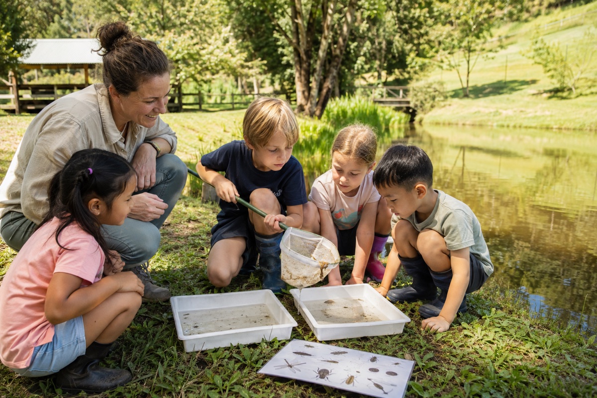 Young children pond dipping with nets and sorting trays beside the pond with their guide at Historic Rivermill