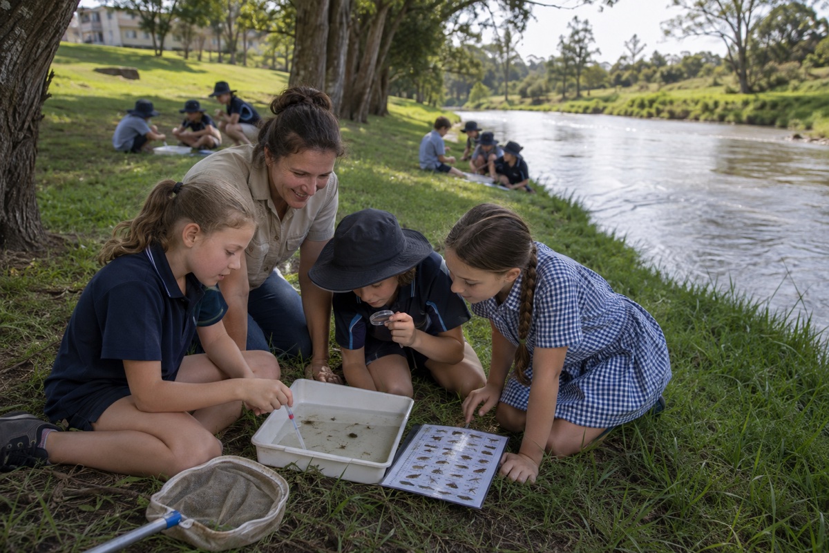 School children sorting their catch in a white tray with a net, hand lens and identification chart beside the river with their guide at Historic Rivermill